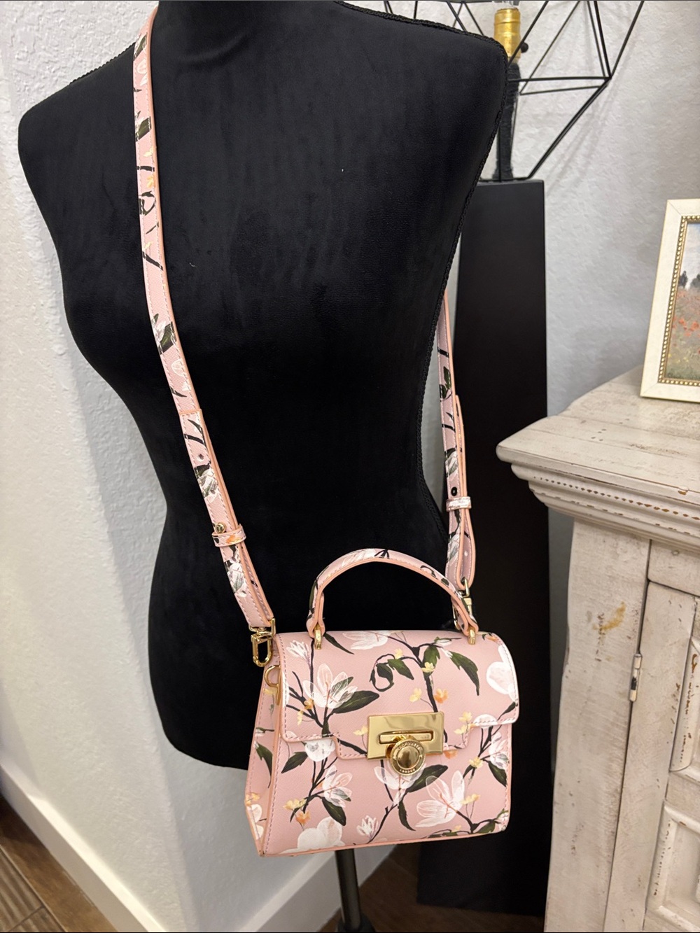 Ted Baker Floral Pink Top-Handle Crossbody Bag with Gold Hardware